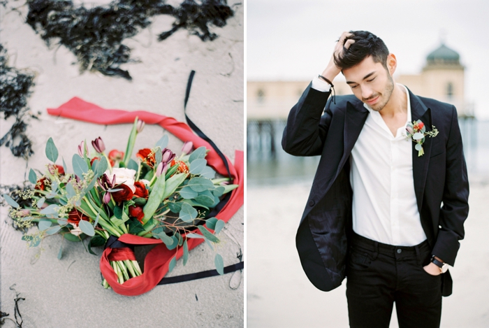 red black and gold florals on the beach