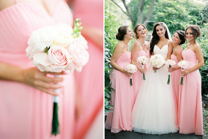 The bridesmaids in pink dresses