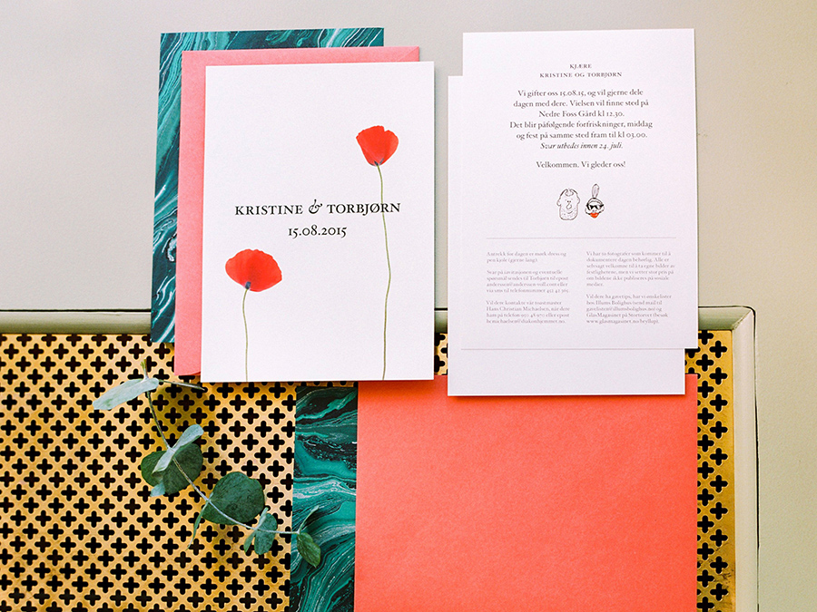 Downtown Oslo wedding invites in orange and green