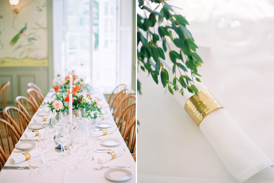 Wedding reception with coral and green floral design