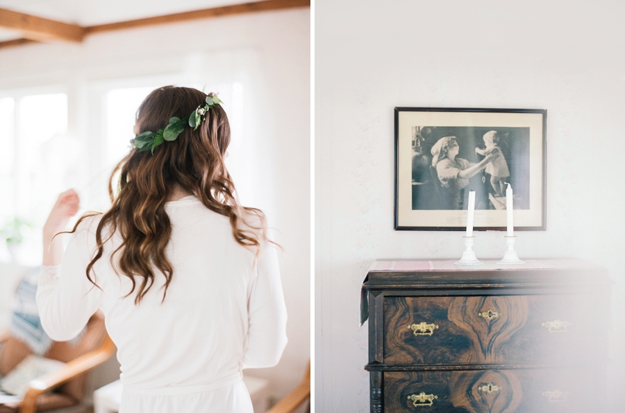 bride getting ready in summer cottage