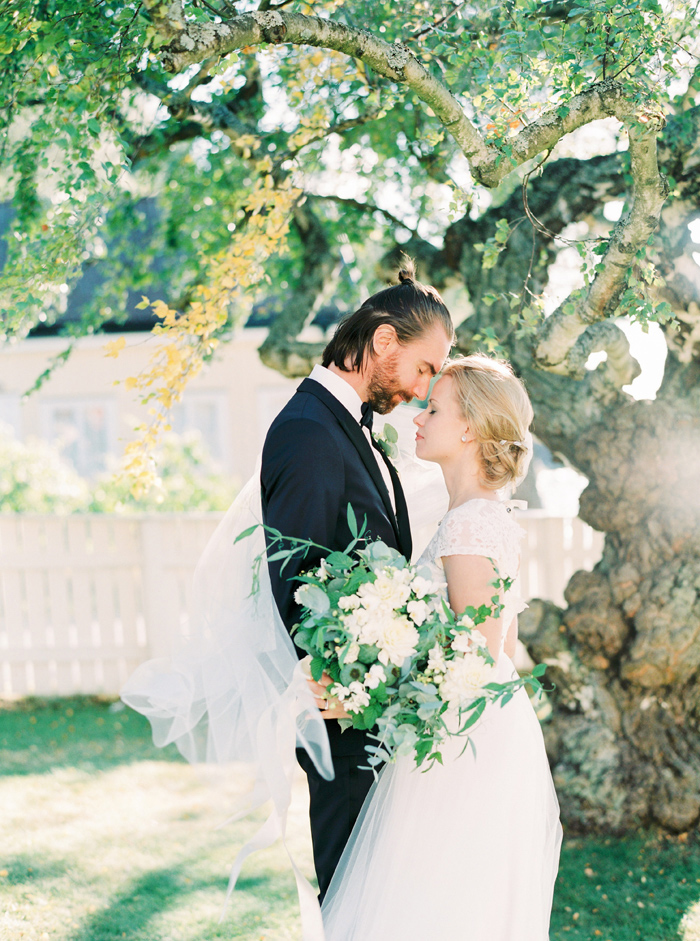 Bride and groom portraits backlit by an oal oak tree