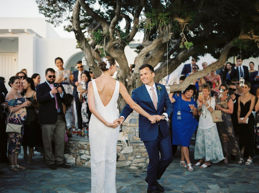 First dance at the openair wedding reception in Paros, Greece