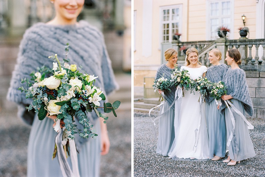 Bridesmaids in grey gowns with cute grey mini ponhcos. Perfect for a winter wedding.