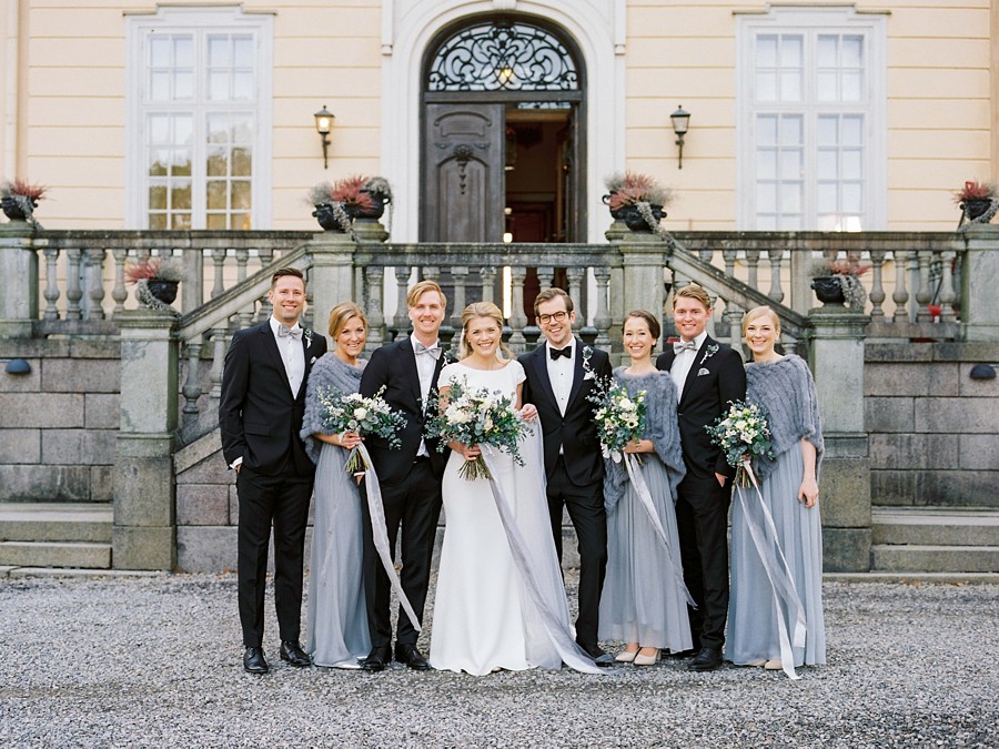 Bridal party inspiration in black, grey and blue for winter wedding