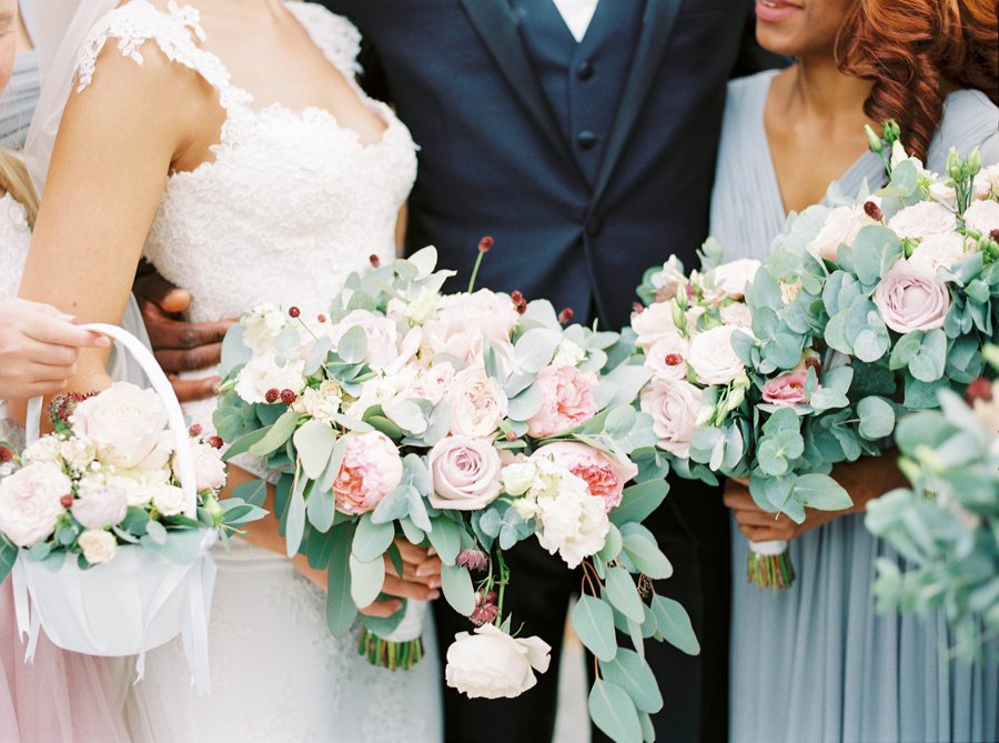 Bridal bouquet and bridesmaids bouquets in blush and sage green