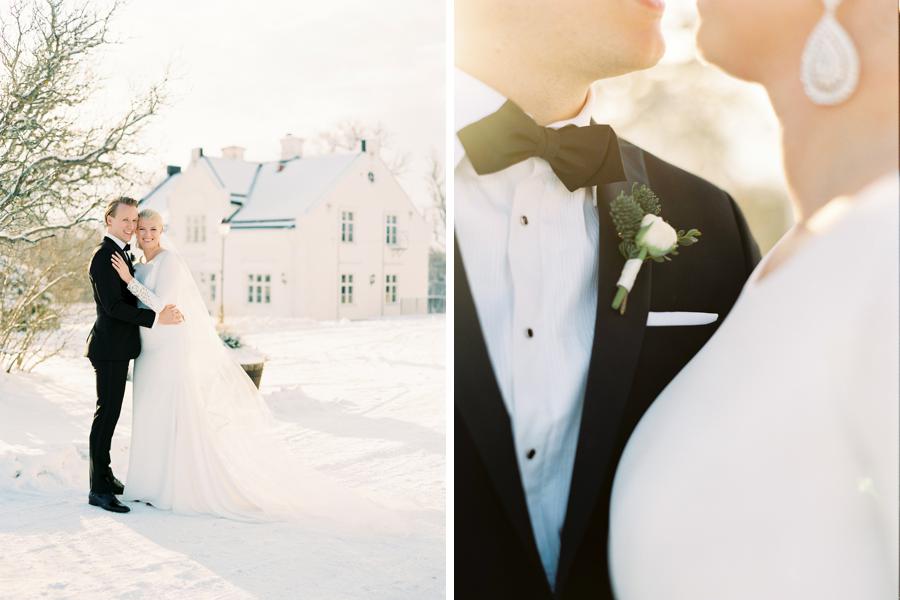 Bride and groom sunny winter wedding in Stockholm photographed by 2 Brides Photography.