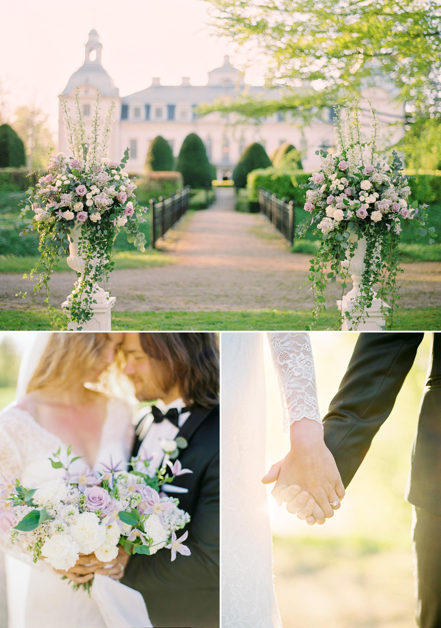 Wedding ceremony decor in lavender and blush at castle wedding Sweden