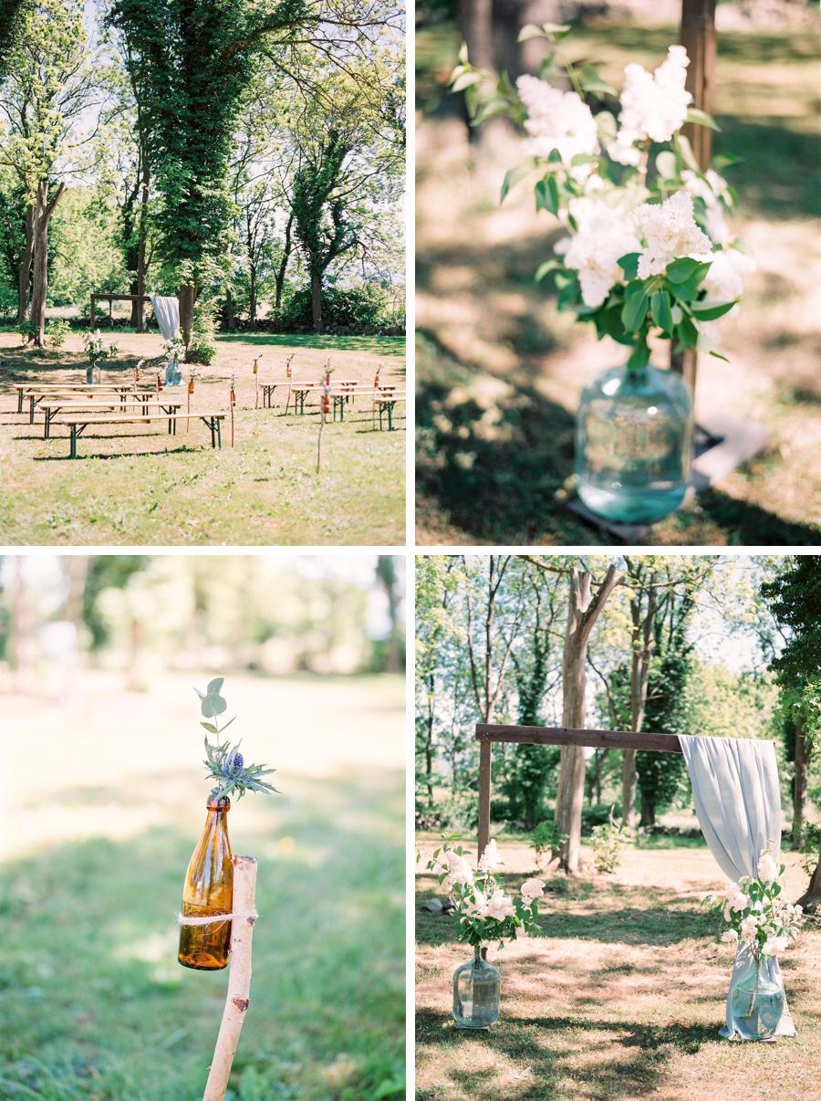 Rustic wedding ceremony ideas. Decorations in dusty blue and white