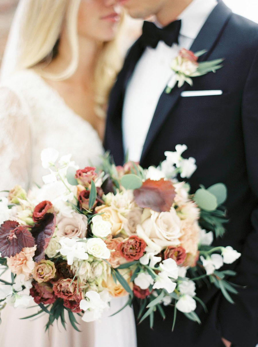 Peach and burgundy bridal bouquet