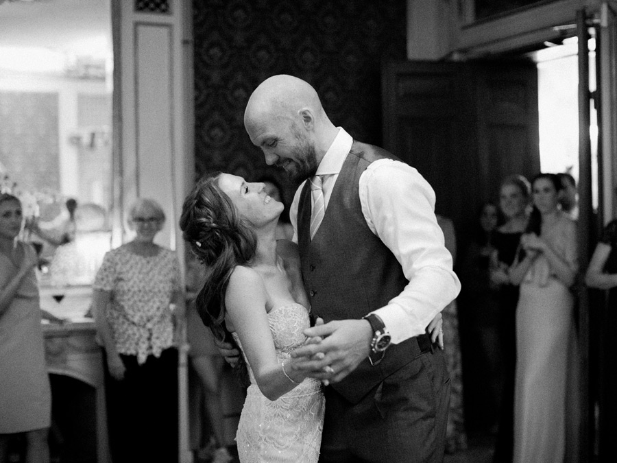 bride and groom first dance black and white photo shot on film