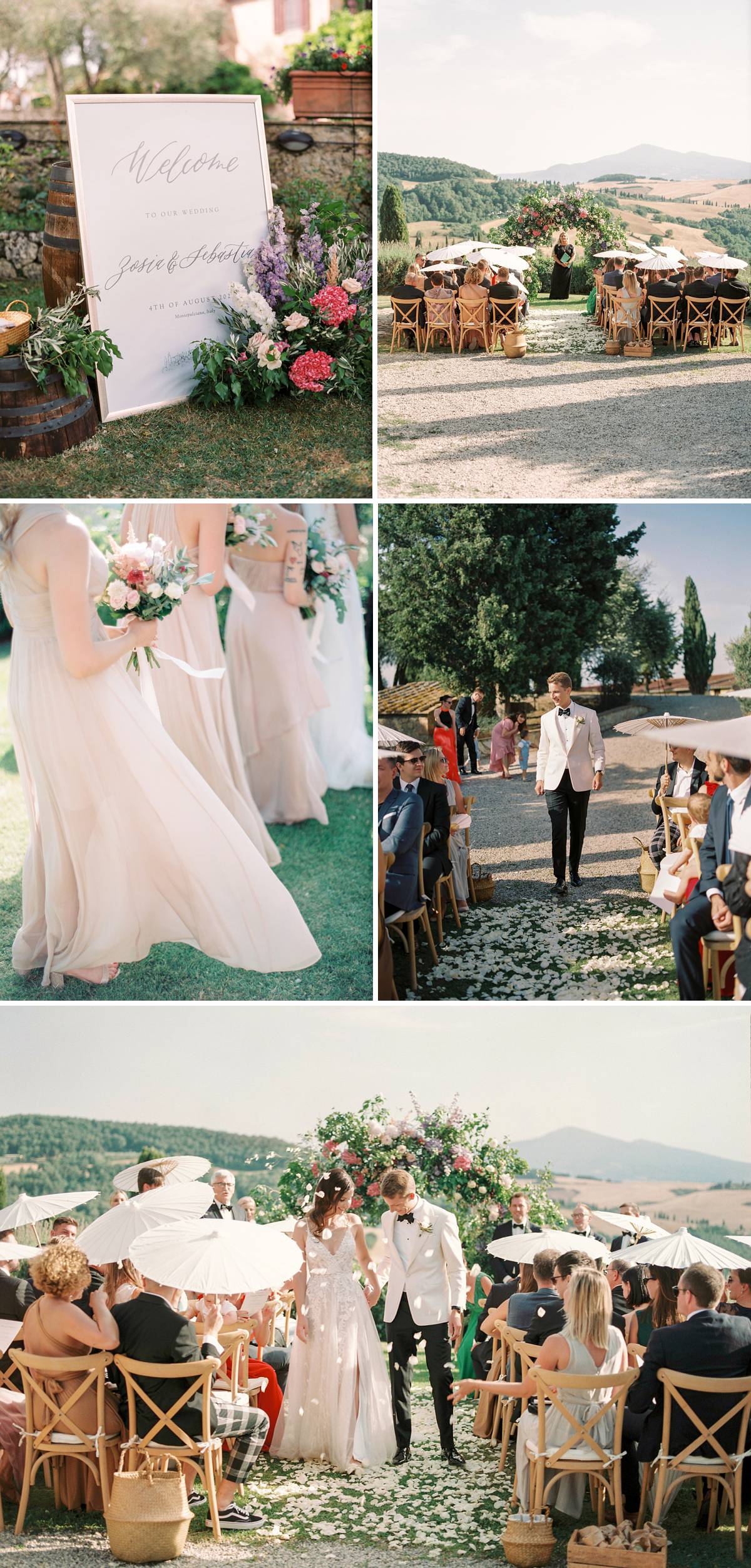wedding ceremony with large floral arch overlooking the Tuscany landscape