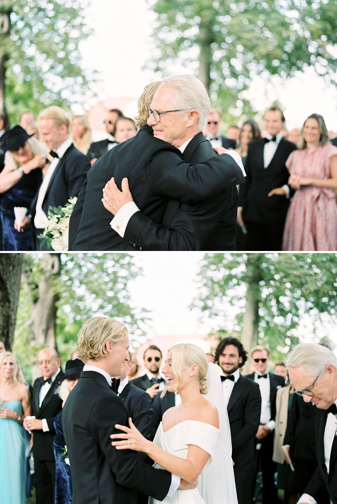 the groom hugging his father in law during the wedding ceremony