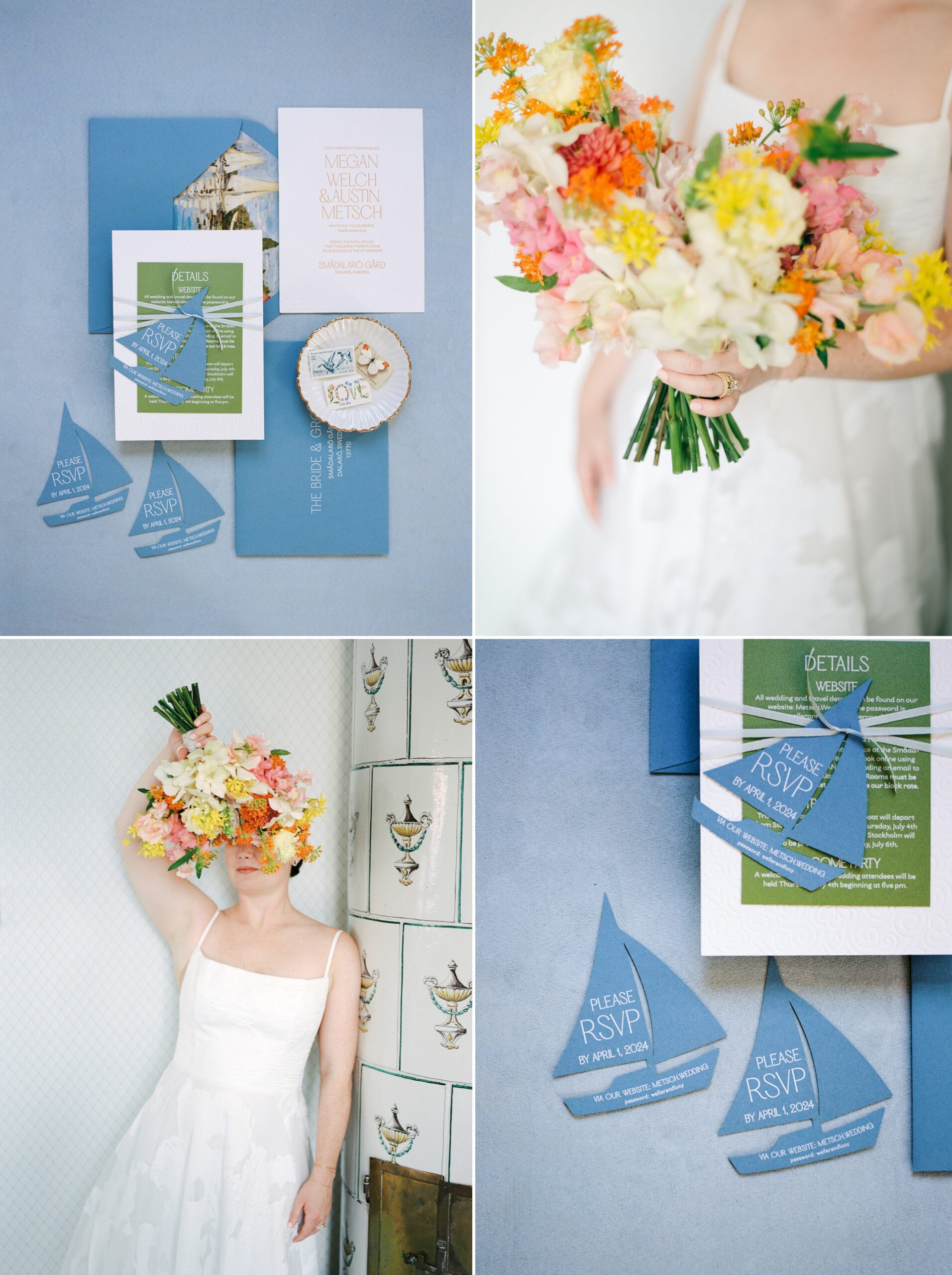 Sailboat-shaped RSVP cards with playful typography for a destination wedding at Smådalarö Gård