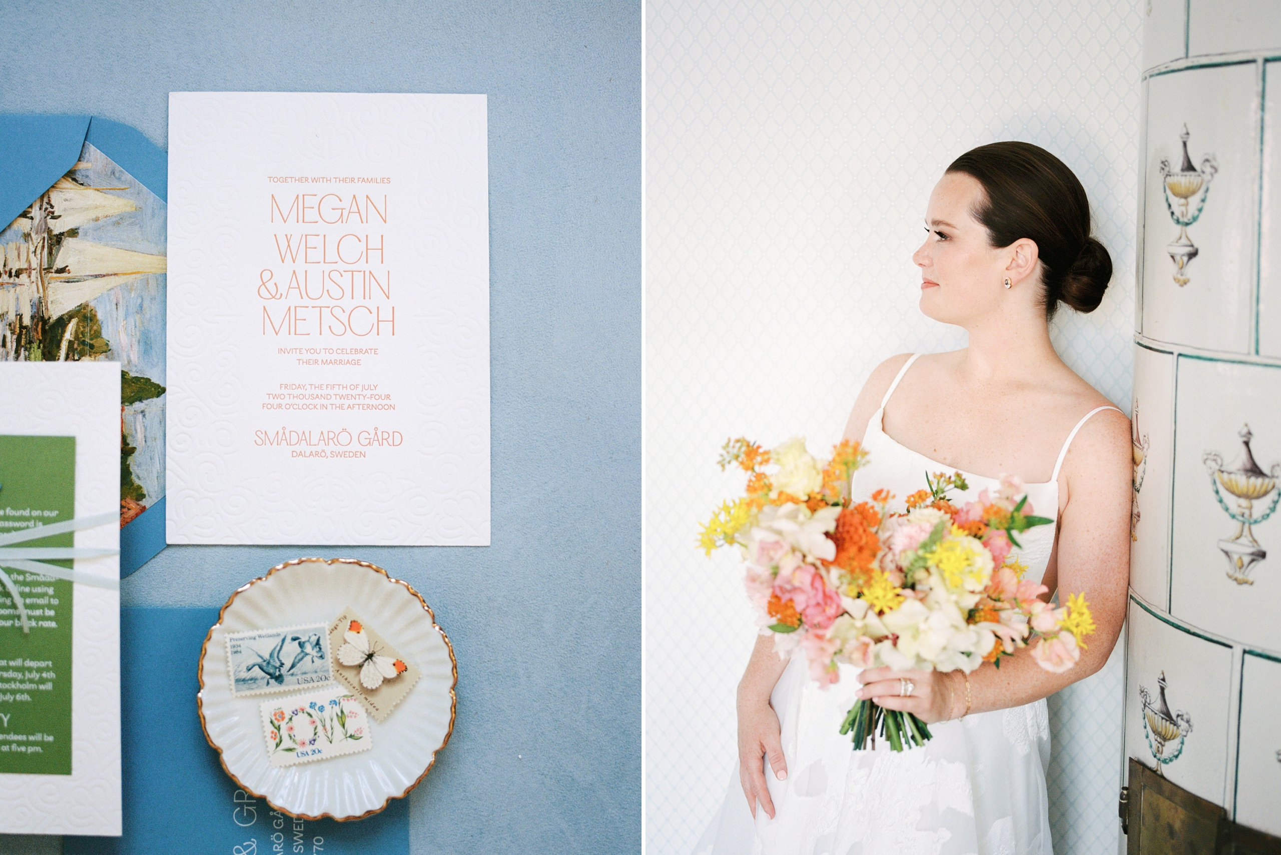 Bride holding a bright and colorful bouquet with citrus tones and unexpected florals