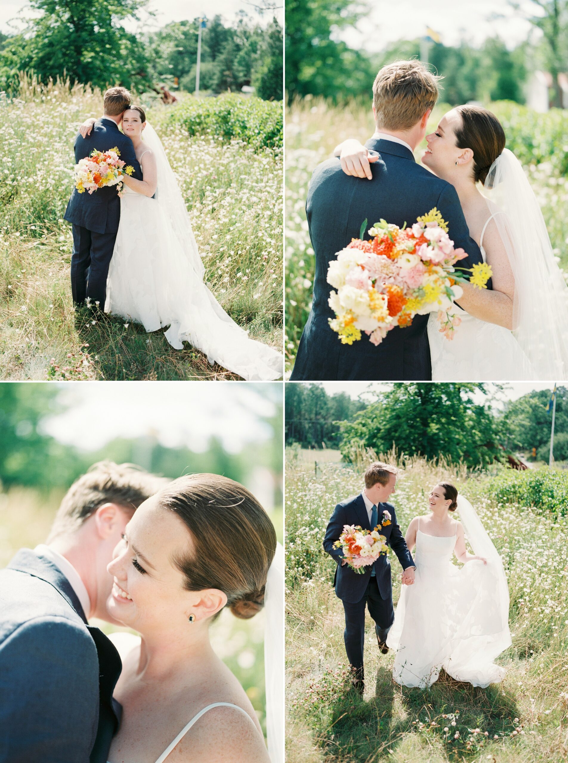 Bride and groom walking through a wildflower field during their summer wedding at Smådalarö Gård