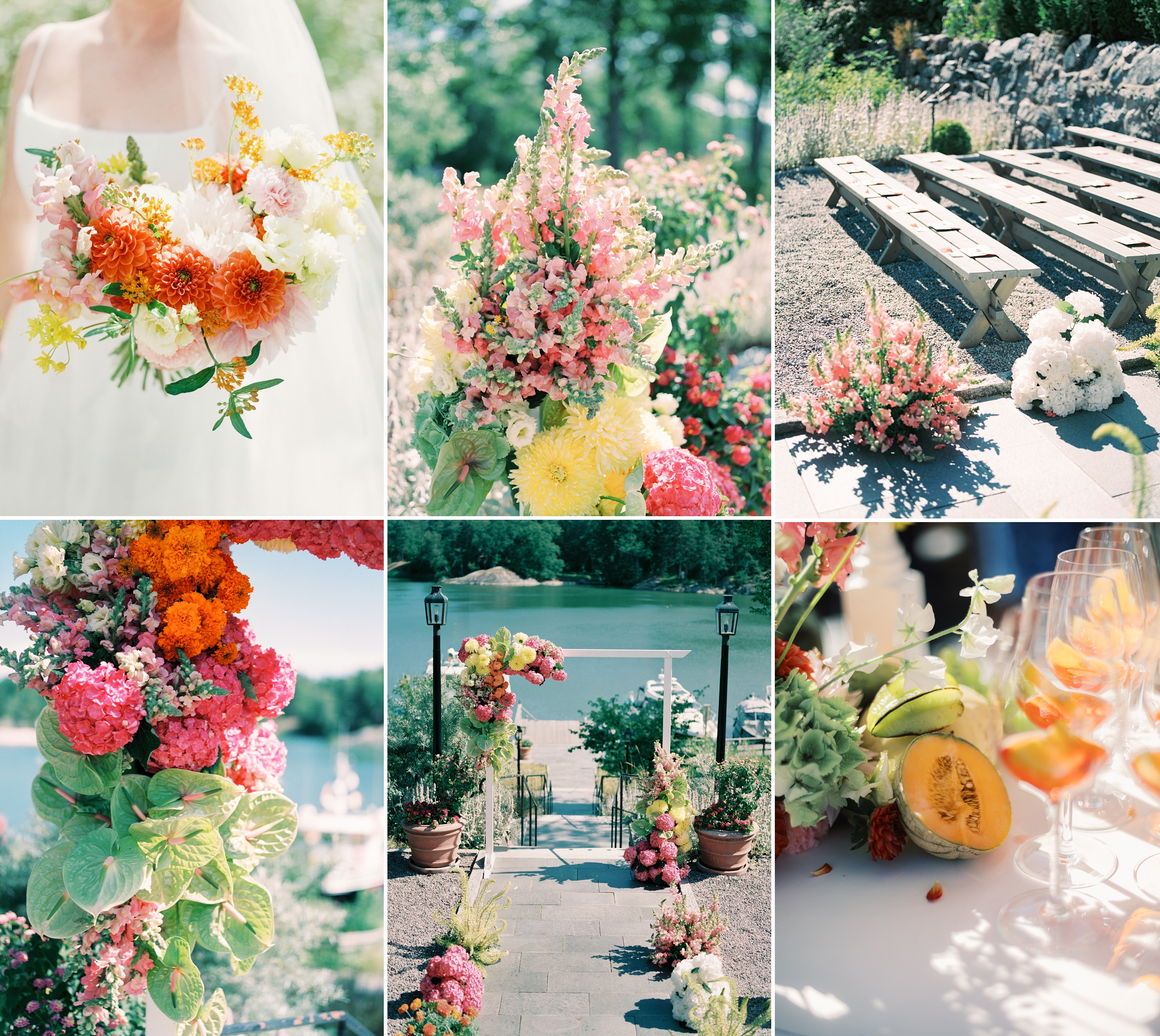  vibrant floral arch during their waterfront ceremony