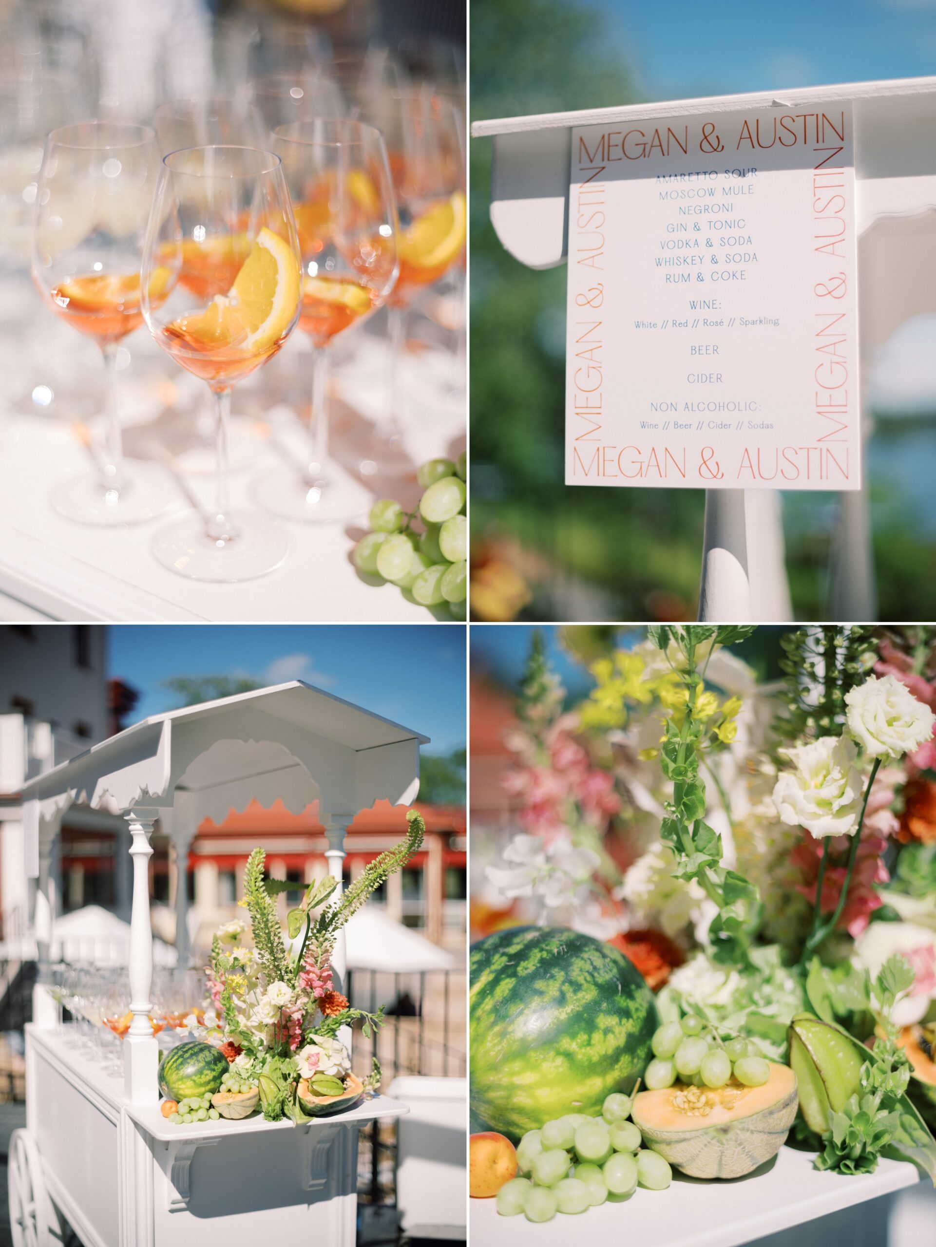 Aperol spritz and sliced melon cocktail table decor at a bold and colorful Swedish summer wedding