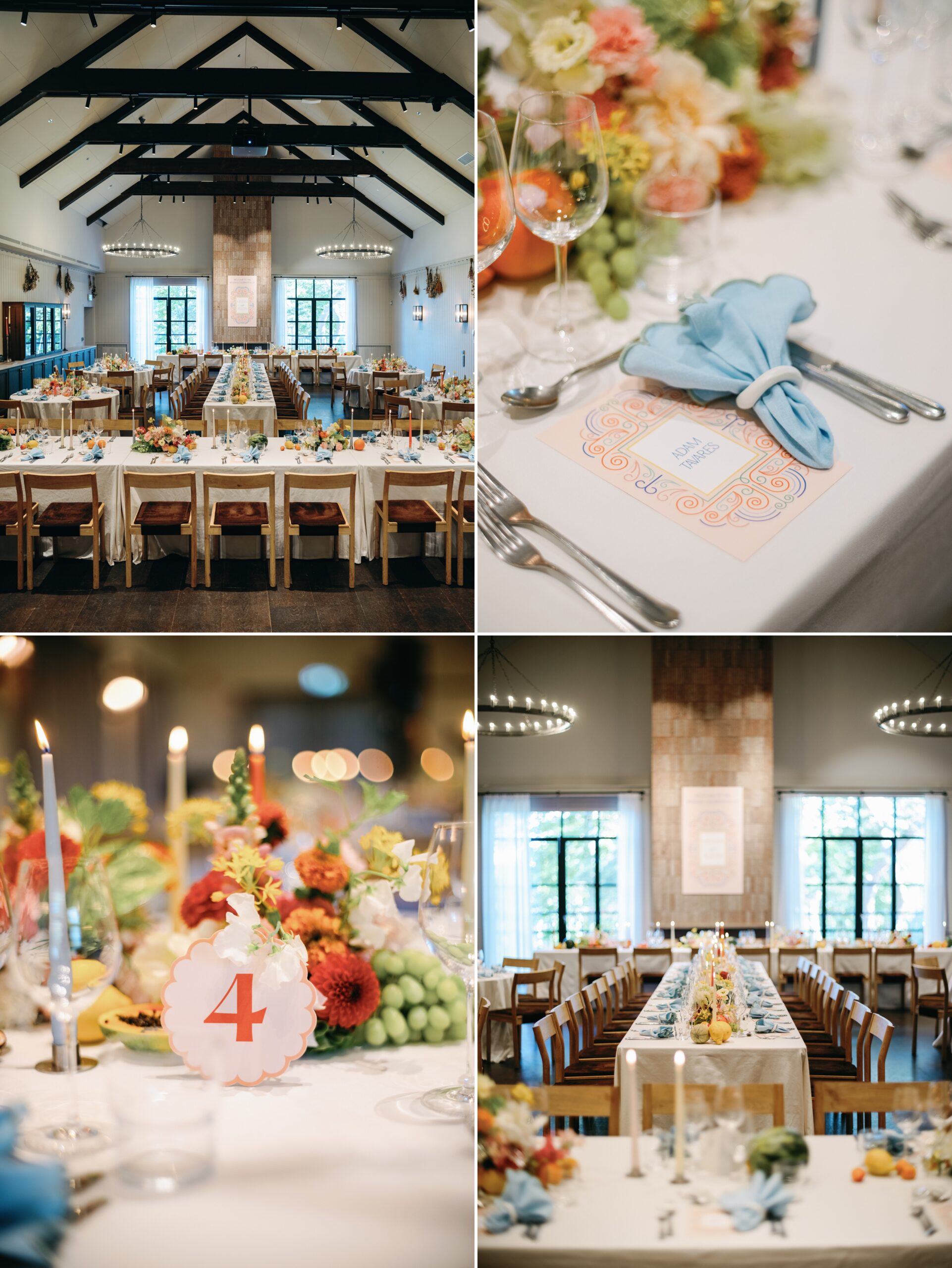 Reception dinner setup with tropical fruit, bold blooms, and long communal tables at Smådalarö Gård