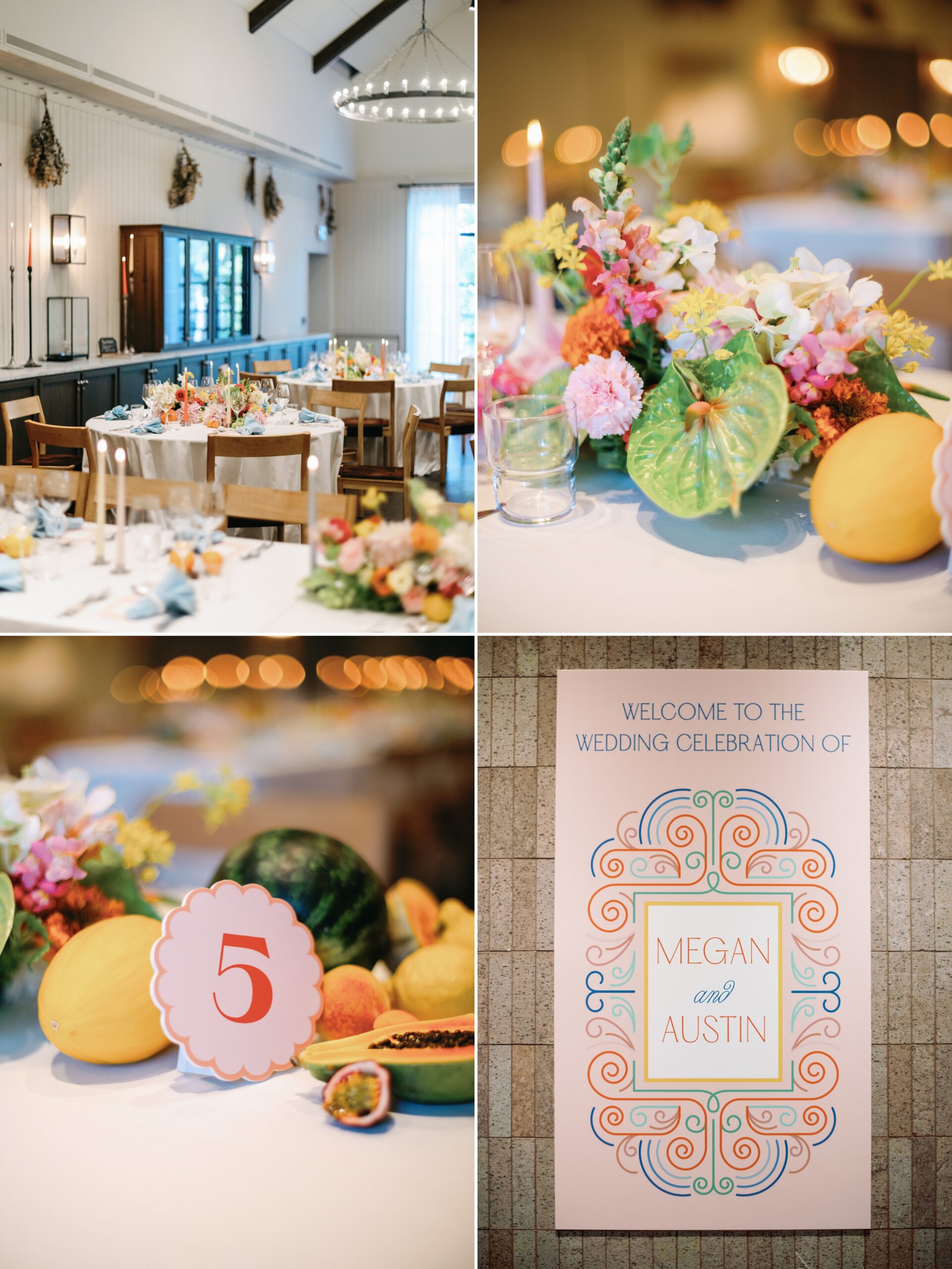 Close-up of juicy centerpiece featuring anthurium, snapdragons, and melons for a colorful archipelago wedding 
