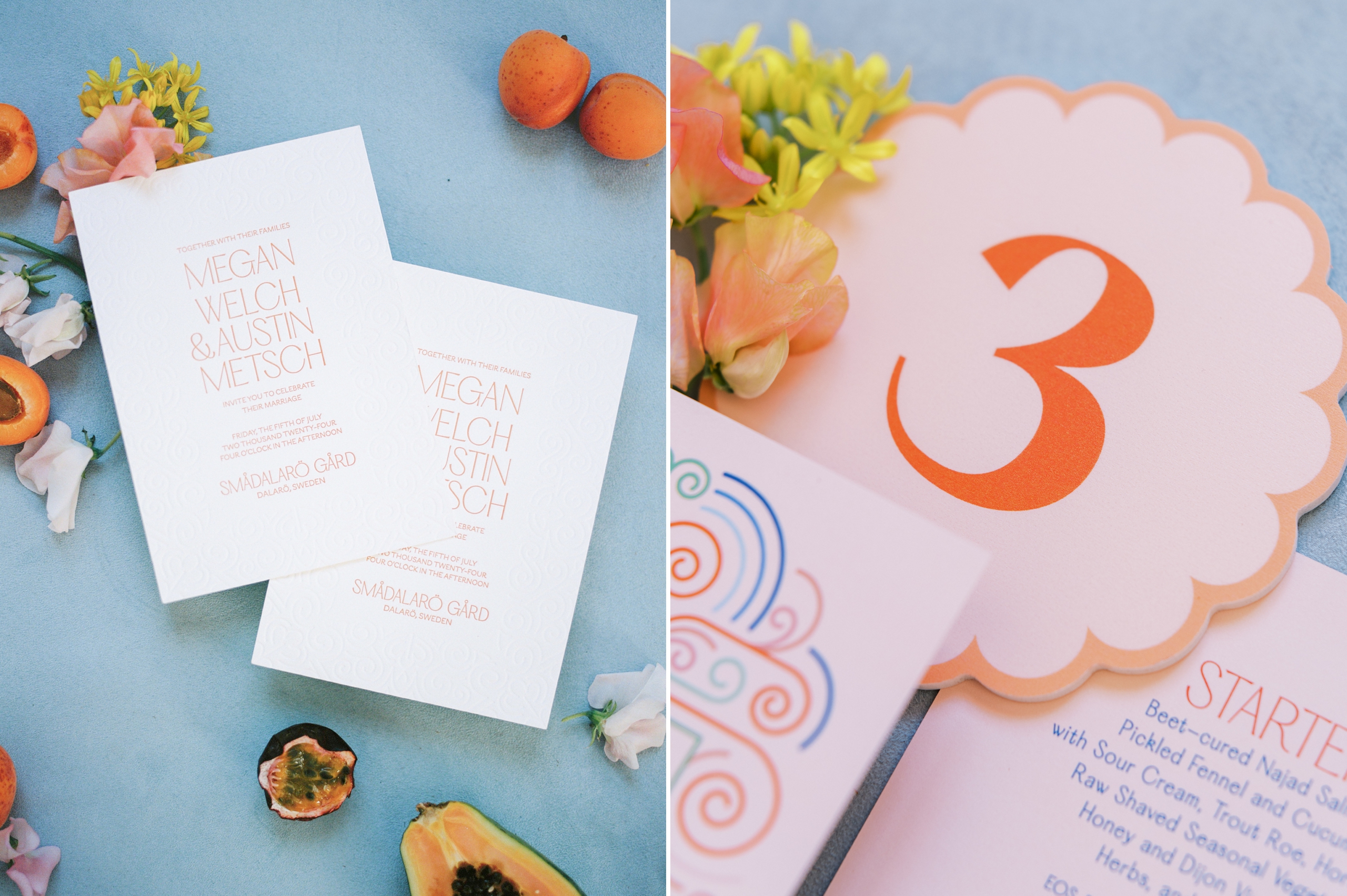 Bold and modern wedding invitation suite with tropical fruit styling, photographed at Smådalarö Gård