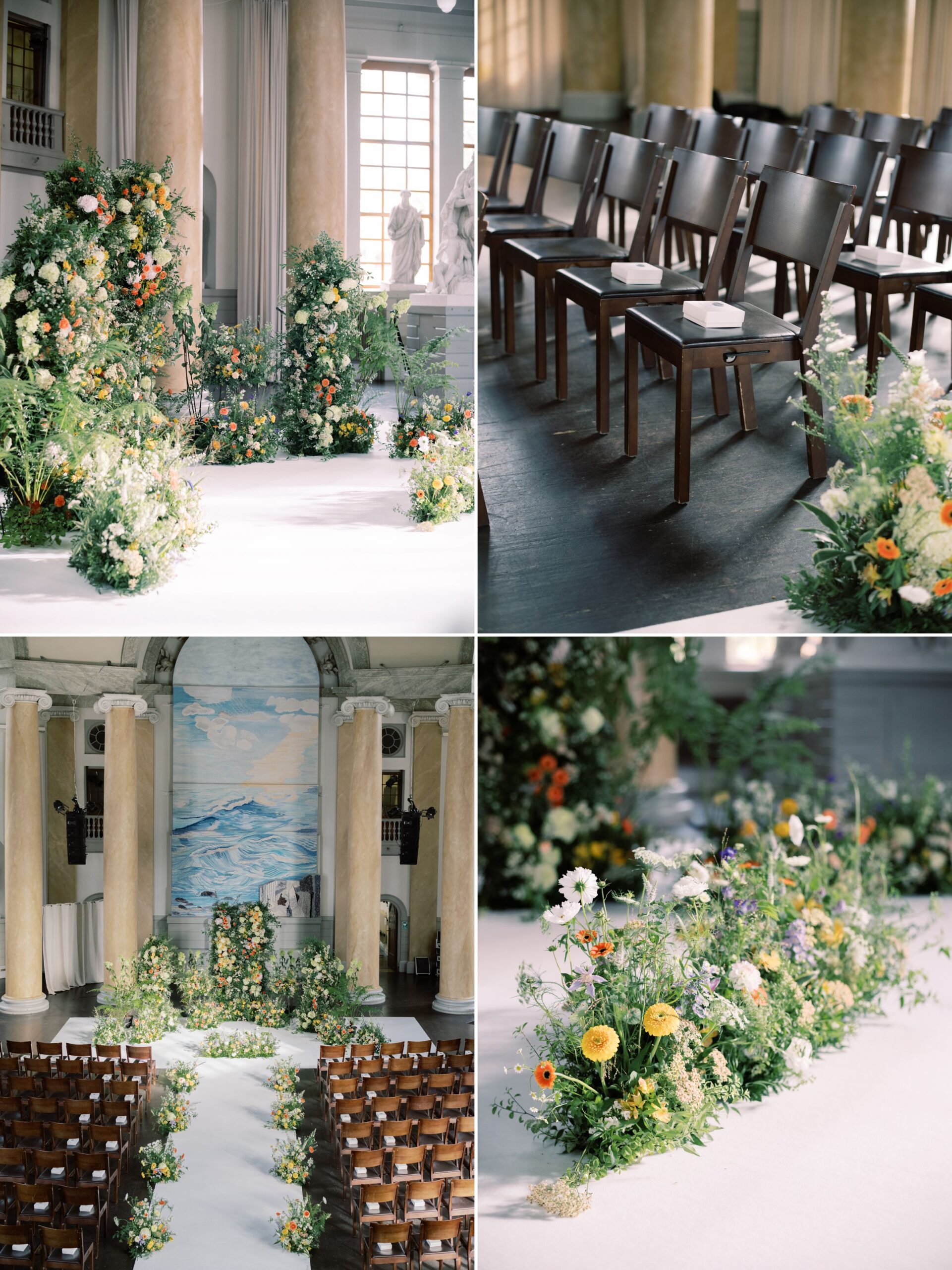 Garden-inspired wedding ceremony setup inside Eric Ericsonhallen in Stockholm, featuring wildflower aisle installations, wooden chairs, and an immersive floral altar under towering columns