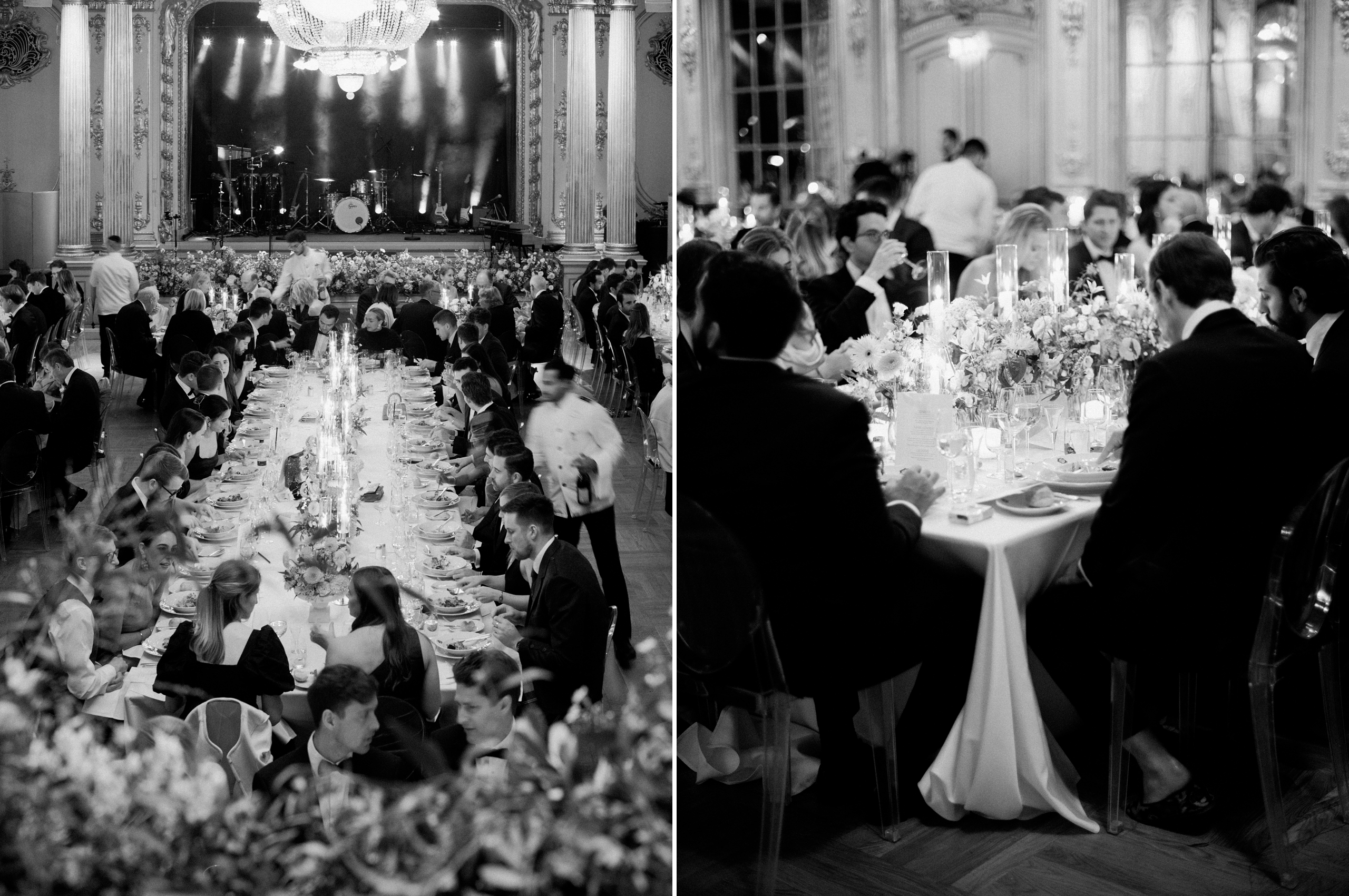 Black-and-white film image of wedding guests dining and celebrating at long candlelit tables in the Spegelsalen ballroom at Grand Hôtel Stockholm.