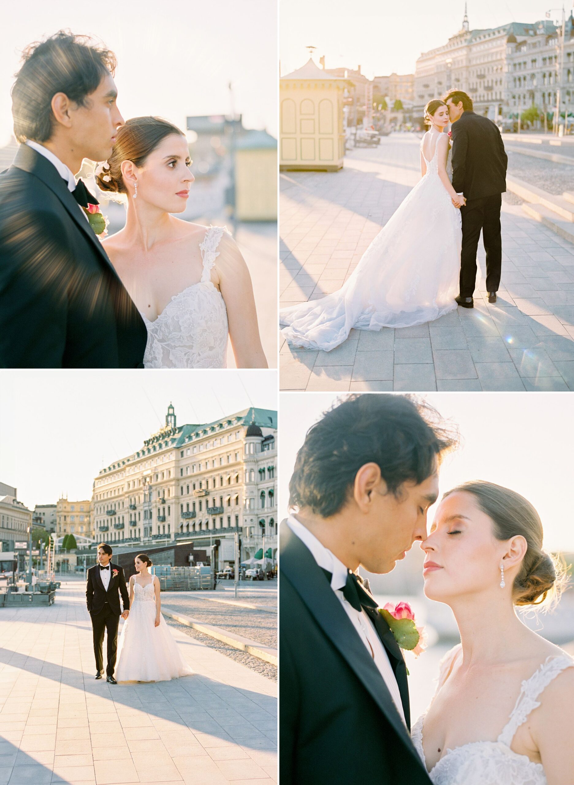 Golden hour sunset waterfront portraits, sun-flare profile, promenade walk, city architecture, almost-kiss—photographed on a Hasselblad with Fuji 400H medium format.